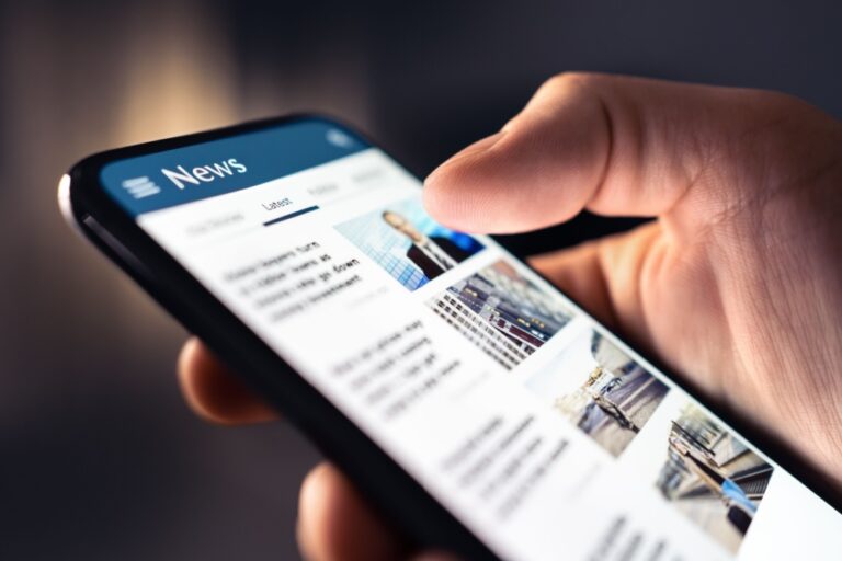 A person looking at a news feed on their phone.