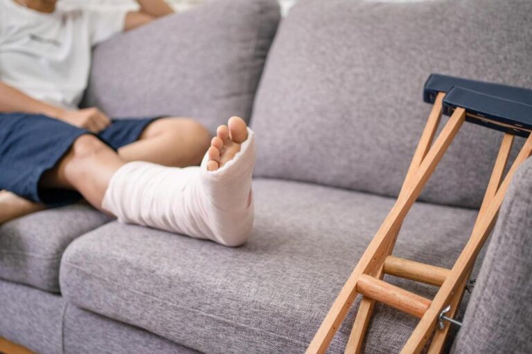 A person with a cast on their leg.